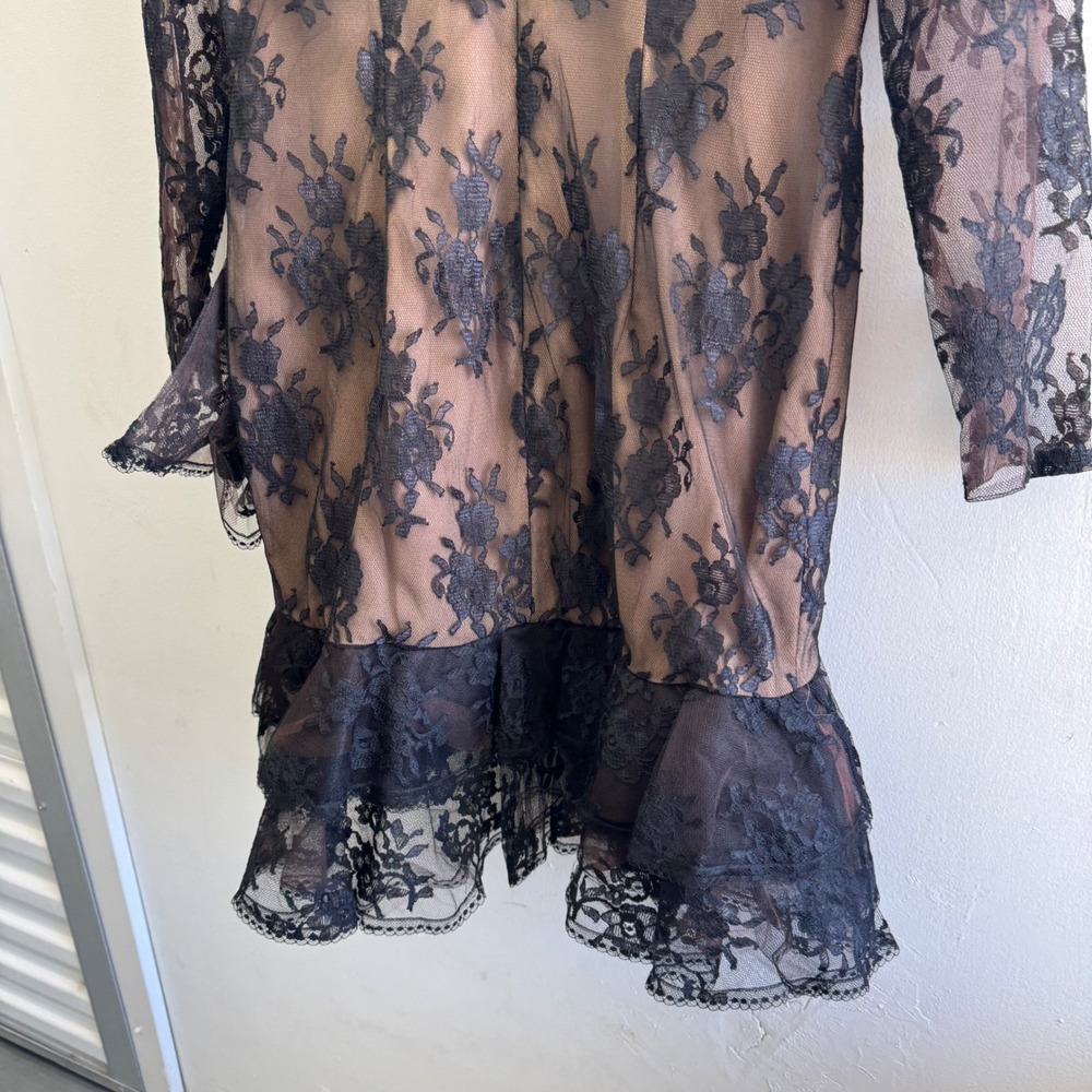 Victor Costa Black Lace Long Sleeve Tiered Mini Dress over Nude Slip - Picture 10 of 14